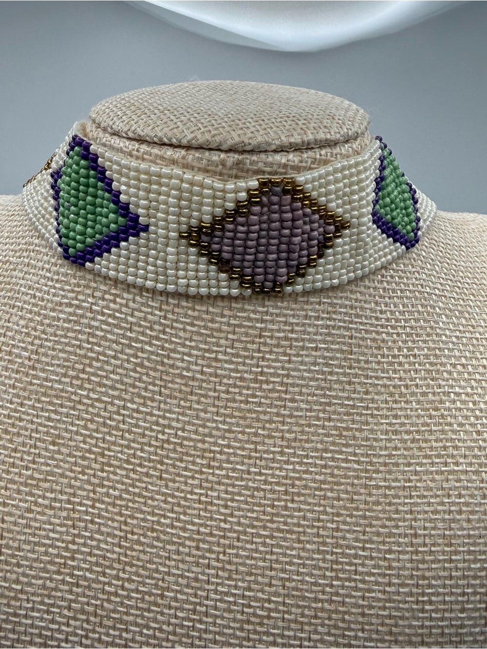 Hand Beaded Seed Bead Wide Choker Necklace Geometric Diamond Pattern